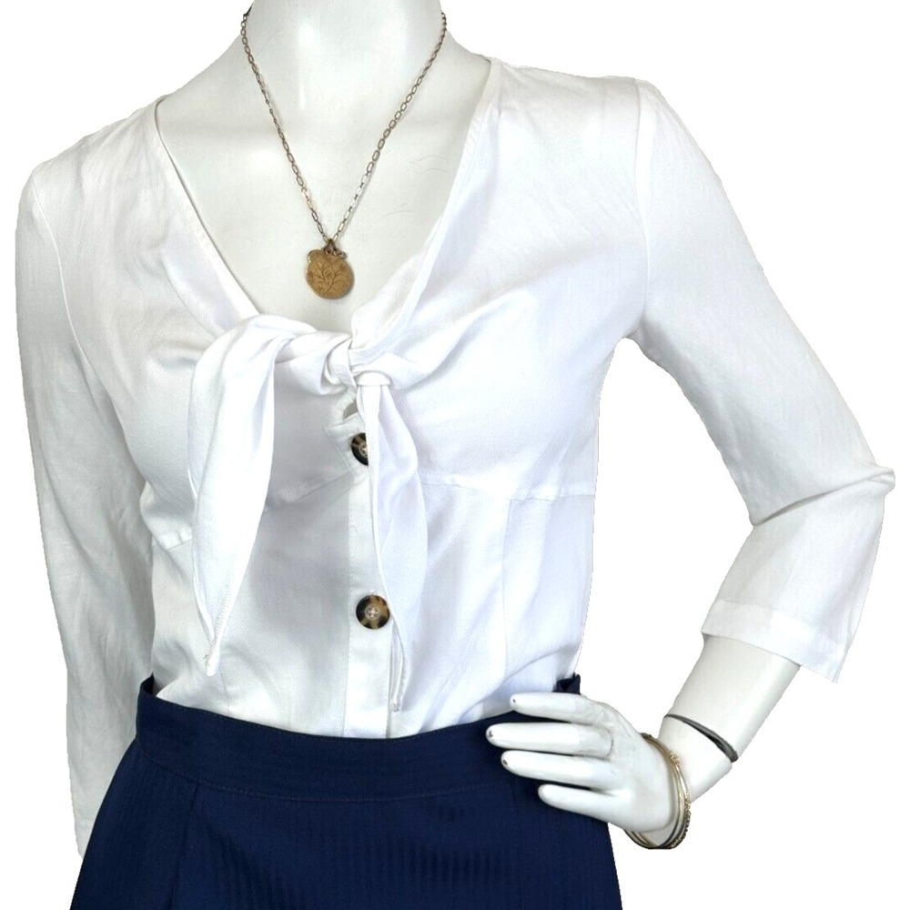 Anthropologie Maeve Graciosa White Tie Front Blouse V-Neck Tortoise Button 0P XS
